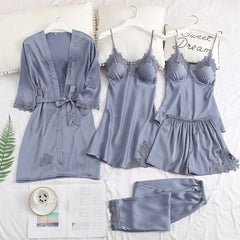 Five-piece pajamas women's summer thin ice silk suspender nightdress nightgown set
