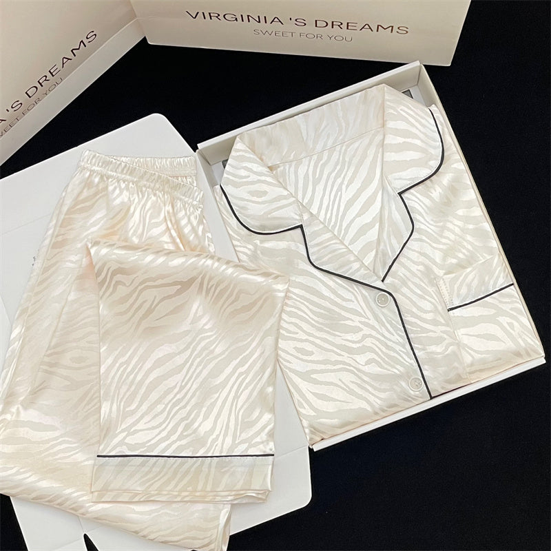 Women's light  and noble white  pattern long-sleeved  end  silk pajamas home clothes set