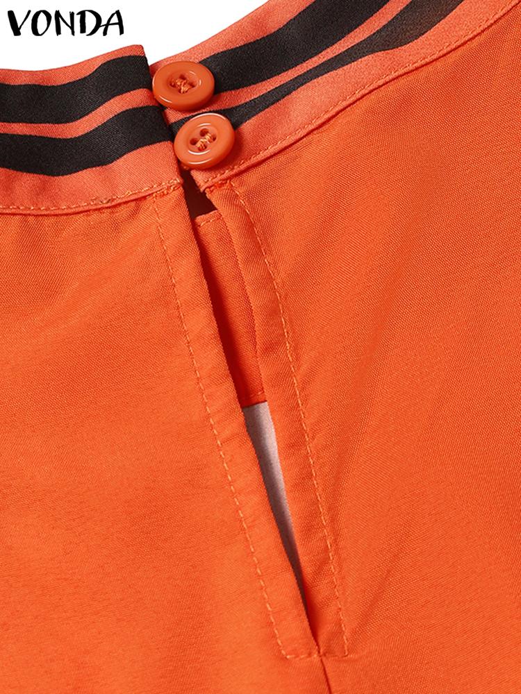 فساتين VONDA Women Boho Vintage Wave Point المطبوعة بطول الكاحل Sping الخريف غير رسمية فضفاضة وياقة واقفة وأكمام طويلة