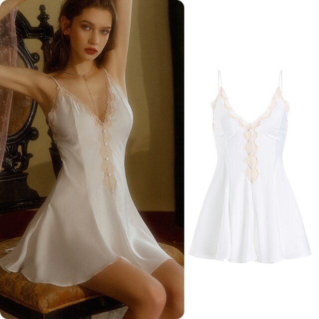 Women's Satin Sleepwear Female Silk Nightgown Sexy Lace V-Neck Sling Nightdress Women Solid Color Soft Home Dress