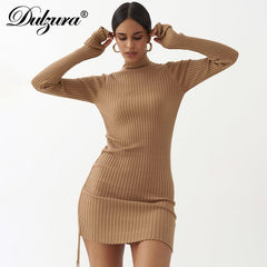 Dulzura Ribbed Stripe Women Mini Dress Drawstring Ruched Lace Up Long Sleeve Bodycon Bandage Sexy Party Elegant Autumn Winter