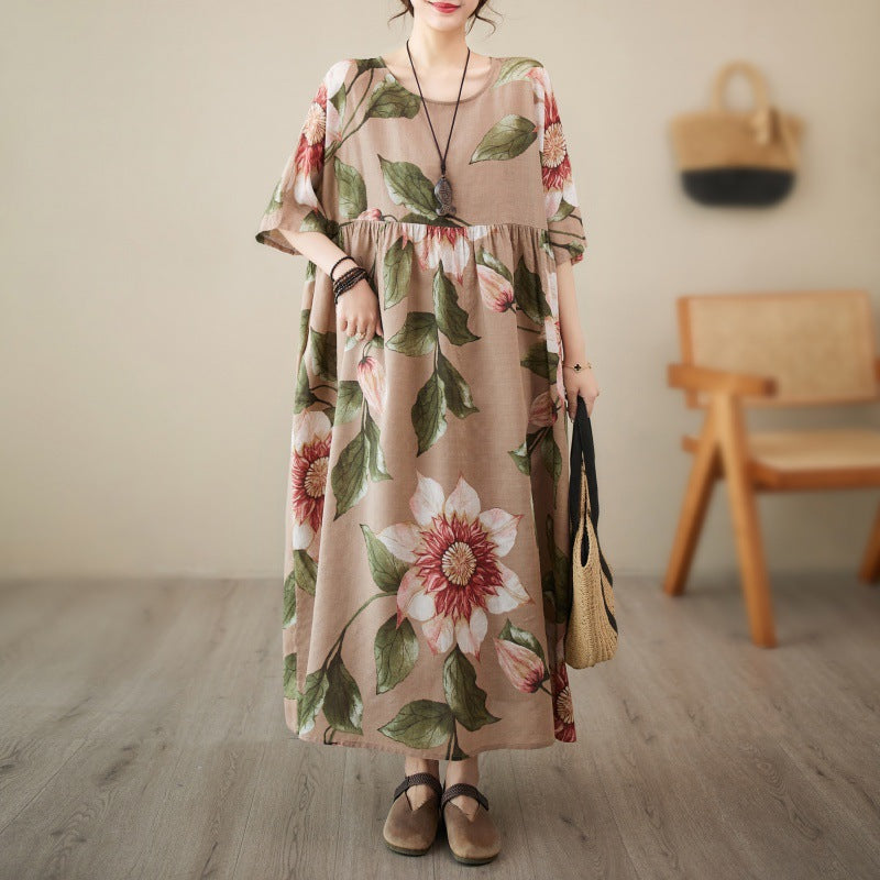 Middle-aged fat mother shows thin dress 150 jin 180 jin fat mm large size women's retro floral temperament long skirt