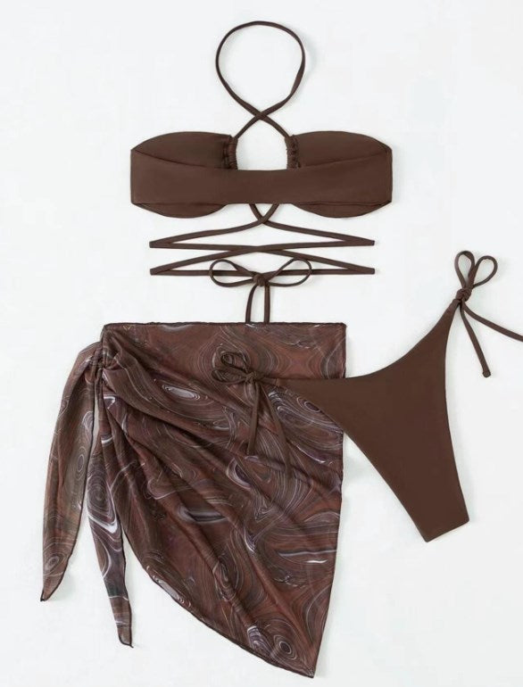 New drawstring strap skirt mesh split bikini with chest pad no steel support three-piece swimsuit bikini