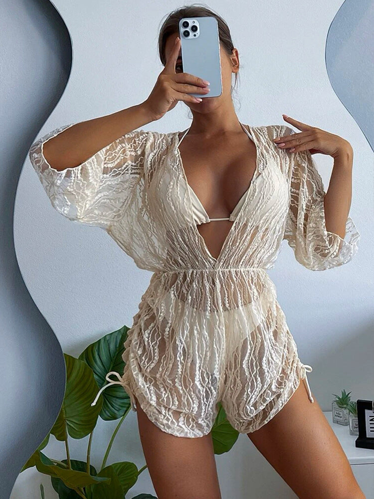 Mesh three-piece swimsuit solid color drawstring corset sunscreen beach vacation swimsuit female bikini