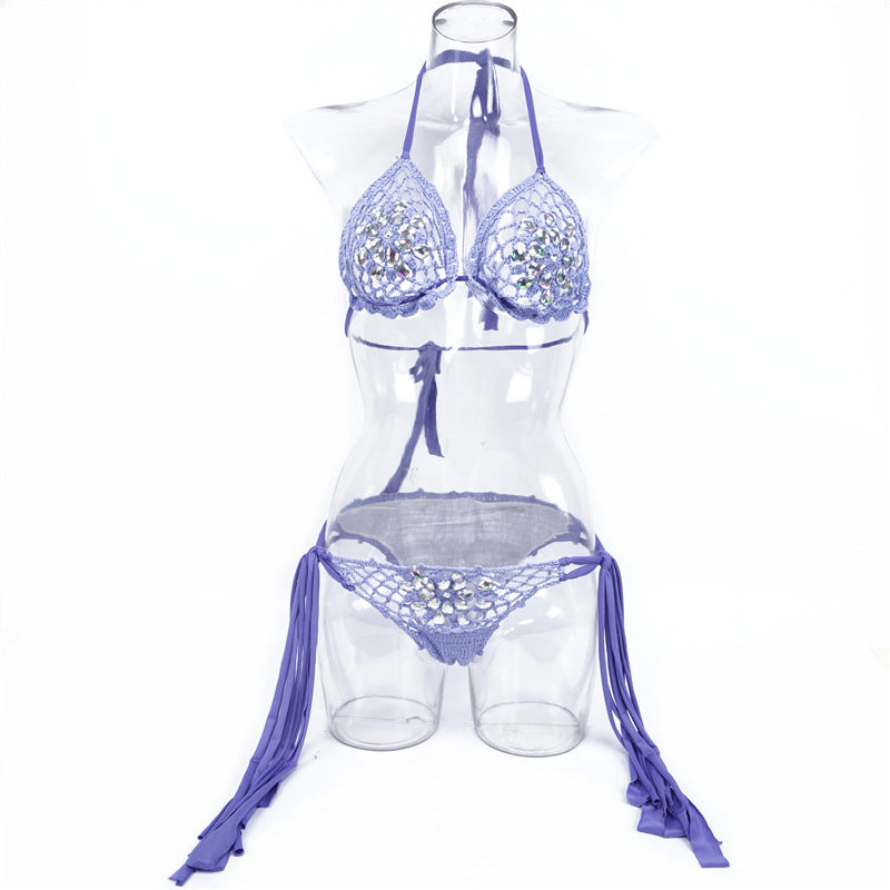 Hot new style swimsuit ladies European and American sexy hollow bikini straps lace hand knitted split swimsuit