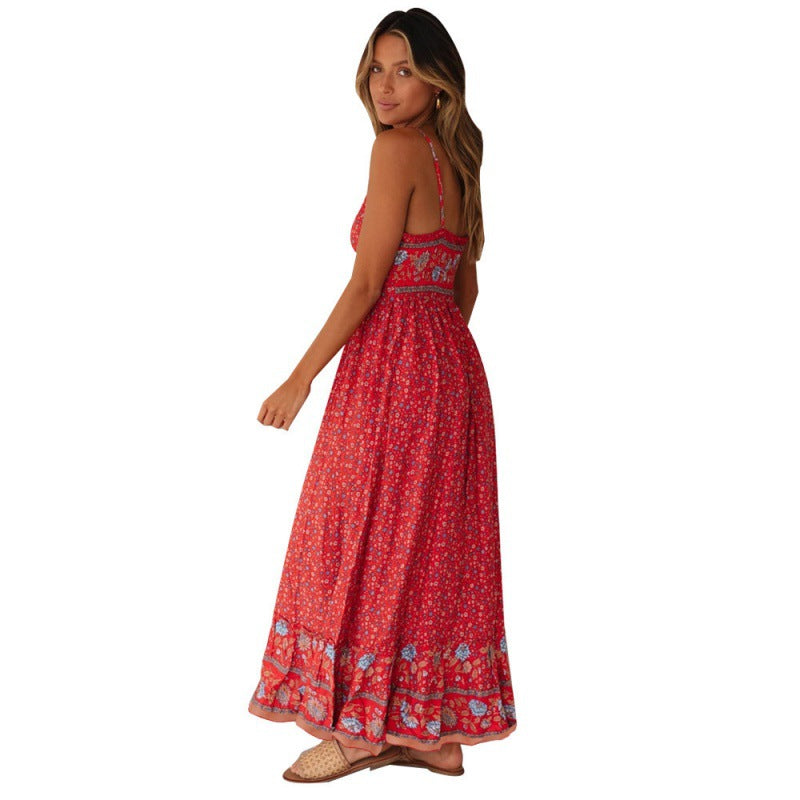 New Large Swing Skirt European Beauty Bohemian V-neck Sling Floral Dress