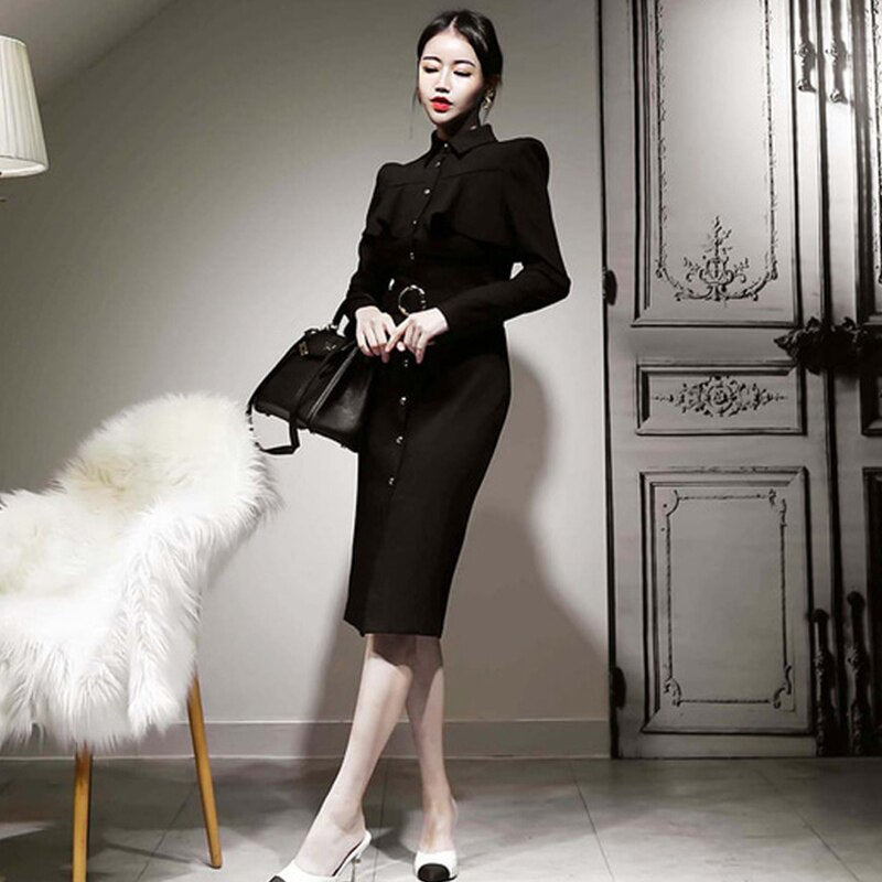 Fashion Women Vintage Single Breasted Ruffle Midi Party Dress Elegant Temperament Belt Black Skinny Bodycon Female Pencil Dress