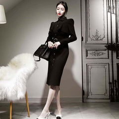 Fashion Women Vintage Single Breasted Ruffle Midi Party Dress Elegant Temperament Belt Black Skinny Bodycon Female Pencil Dress