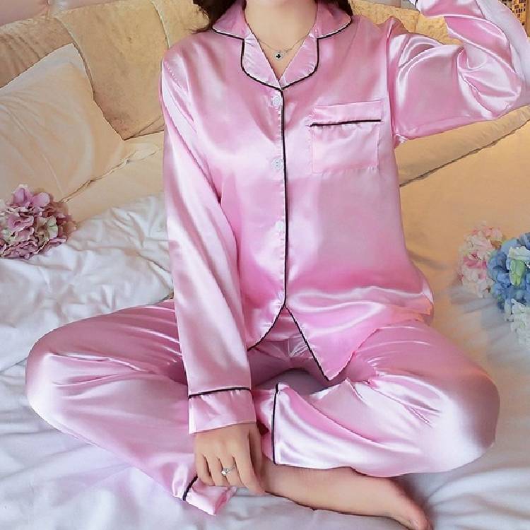 2PCS Pajamas Sets Women Lapel  Silk Long Sleeve Home Wear Ladies Mujer Satin Tops+Pants Nightgown Sleepwear Autumn