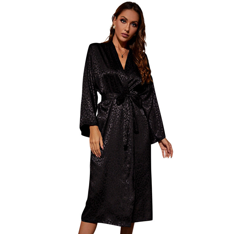 Black long-sleeved nightgown for home, thin sexy lady's lace-up dressing gown, simple cardigan pajamas, ice silk bathrobe
