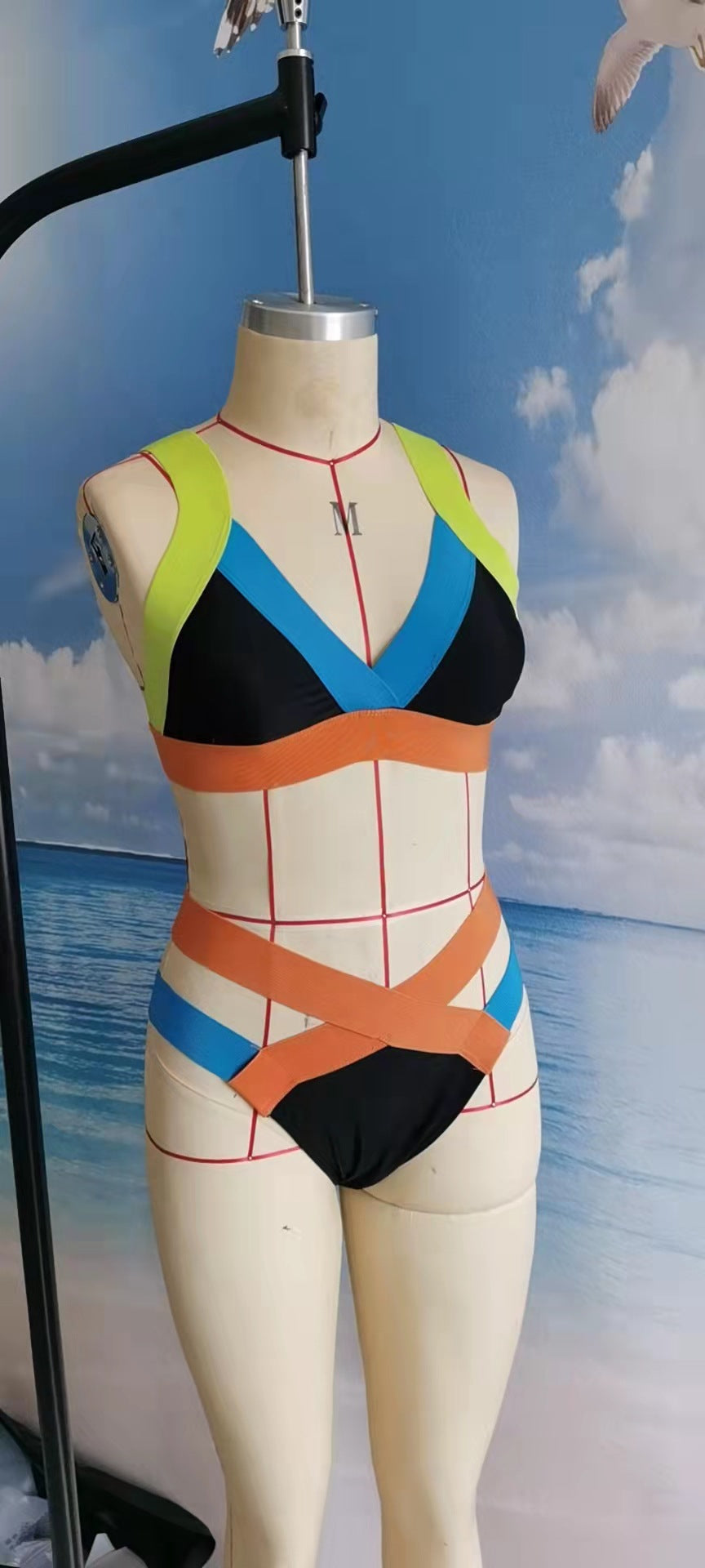 Europe and the United States new color bandage bikini sexy high-elastic hit color swimsuit triangle bag swimsuit