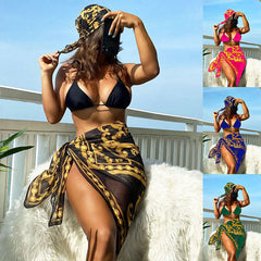 2023 New Swimwear Printed Lace Triangle Cup Mesh Bikini Swimsuit Three-piece Set