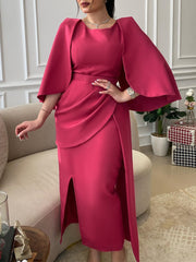 Rose Red Elegant Waisted Asymmetric Slit Dress