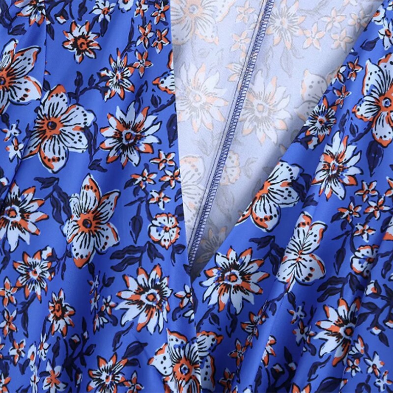 فستان ميدي بنمط بوهو مطبوع عليه زهور فستان نسائي بفتحة رقبة على شكل V وأكمام طويلة فستان نسائي أنيق مربوط بفيونكة على شكل حرف A 