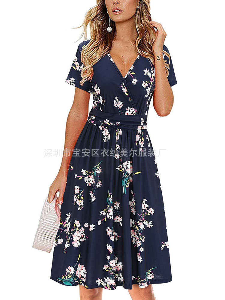 Women's Flower Print Boho Party Dress Summer V Neck Short Sleeve Mini Tank Top