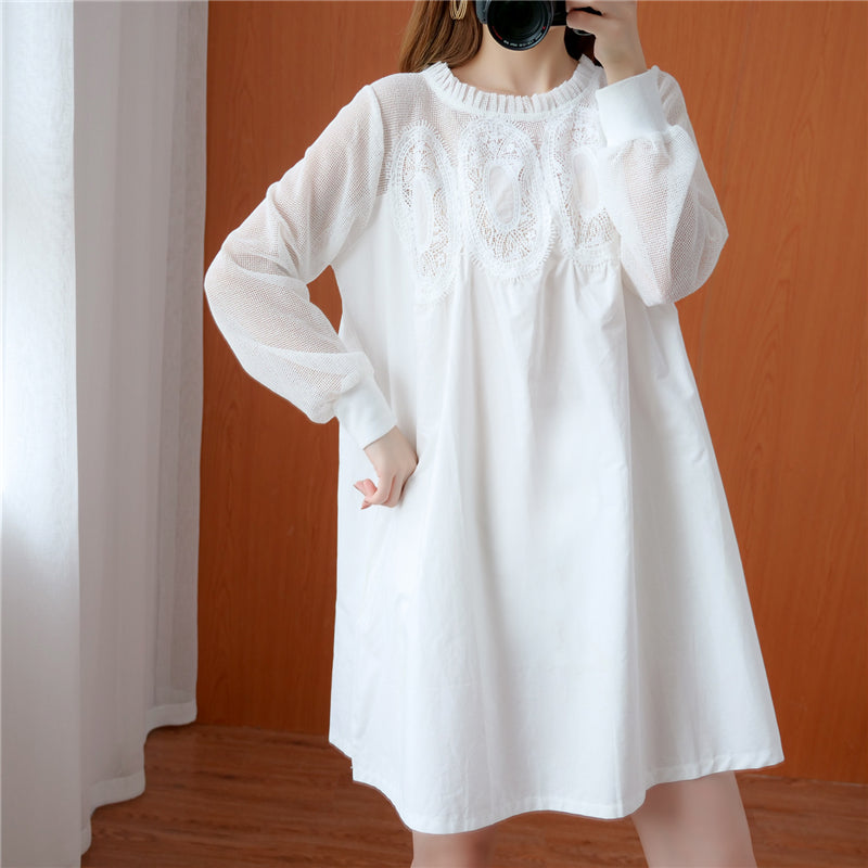 Large size women's lace mesh splicing  dress  and thin mid-length fat mm long-sleeved solid color dress