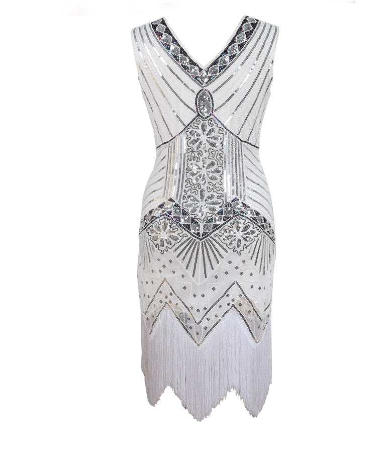 Hot selling new retro style sequined beaded dress front and back V-neck fashion fringe dress