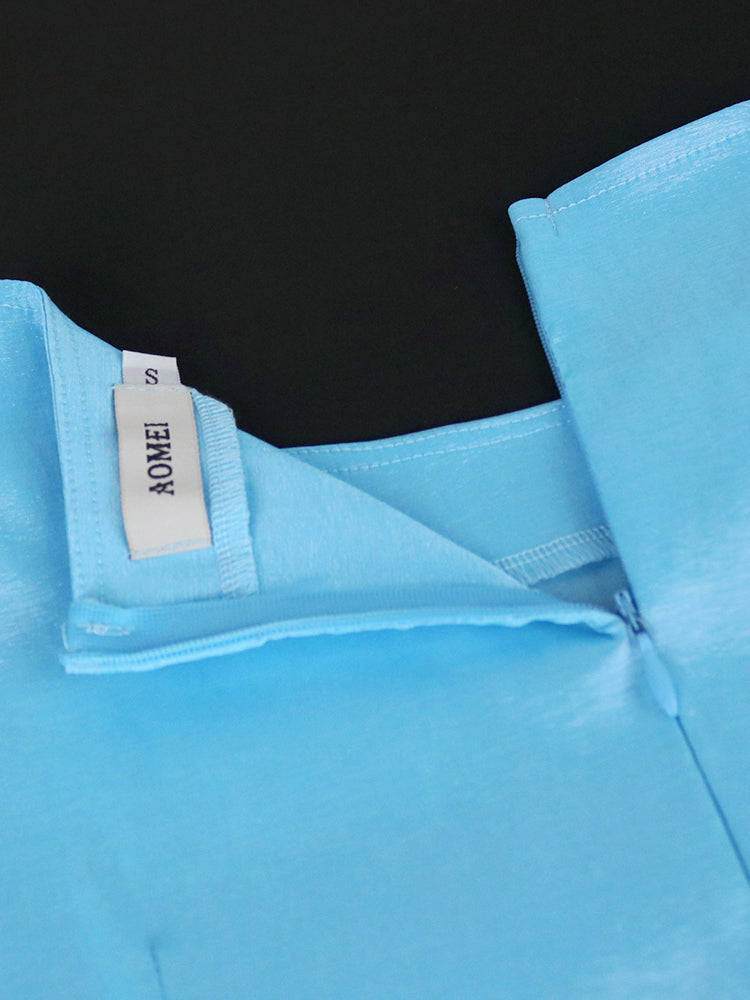 AOMEI Women Sheath Dress Party Shiny Elegant Blue Color Block Bodycon O Neck Long Lantern Sleeves Event Birthday Fall