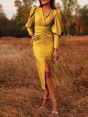 Celmia Elegant Puff Sleeve Party Dress 2022 Women Slit Hem Stain Vestidos Robe Solid V Neck Pleated Bodycon Sundress Plus Size