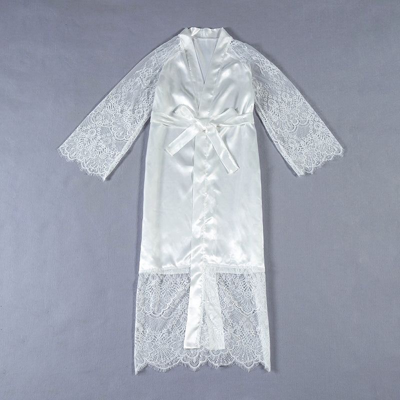 Ladies Fashion Lace Simulated Silk Patchwork Bathrobe Robe