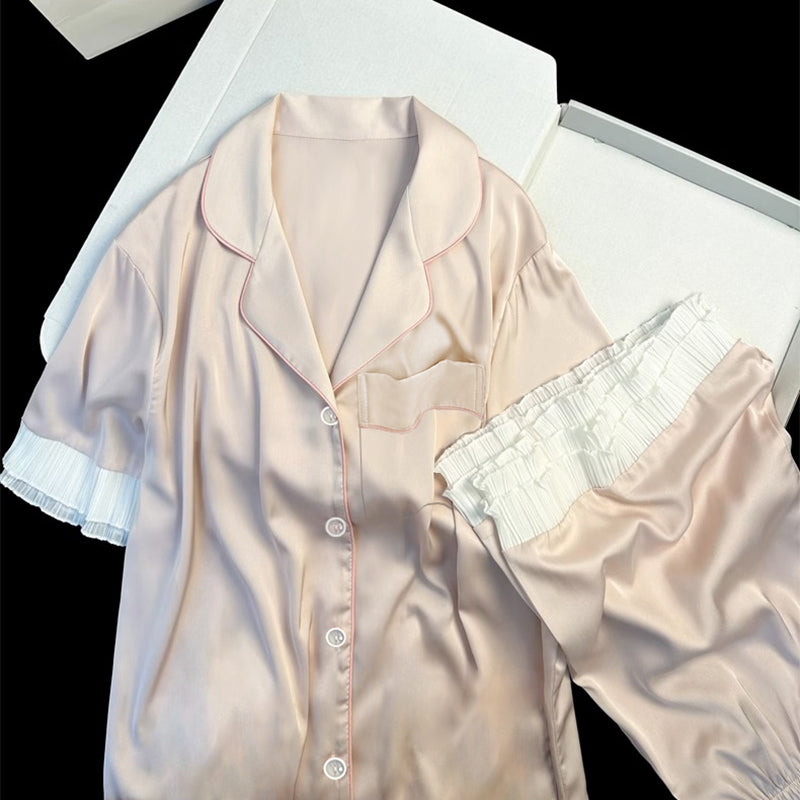 Ladies Sexy Sweet   Snow Silk Short Sleeve Shorts Silky Casual Homewear Set