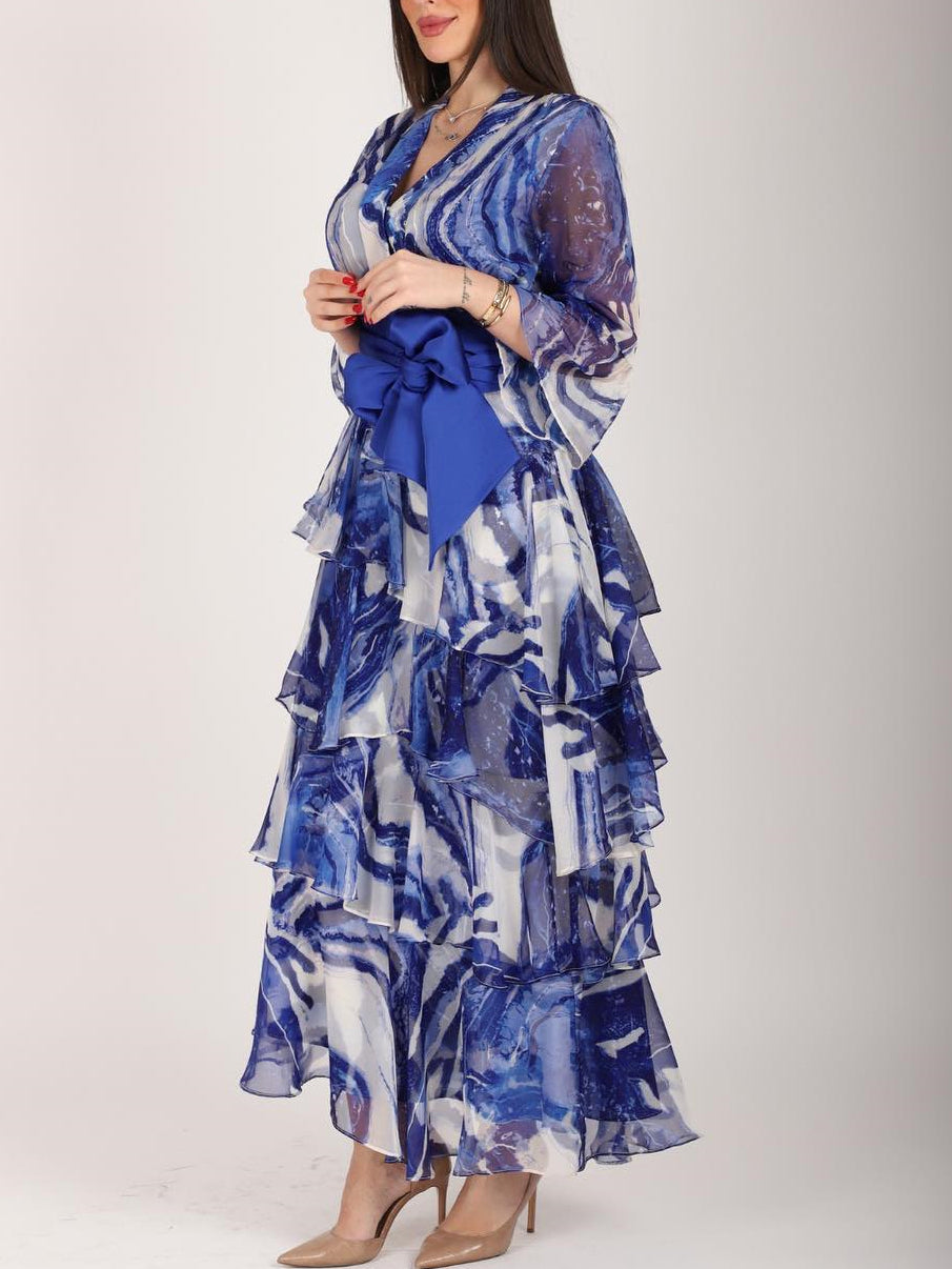 Printed Chiffon Bow Cake Skirt Dress