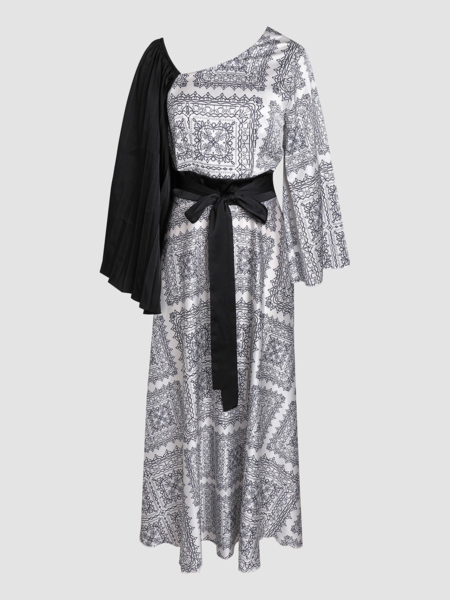 Elegant off-the-shoulder fashion print tie dress