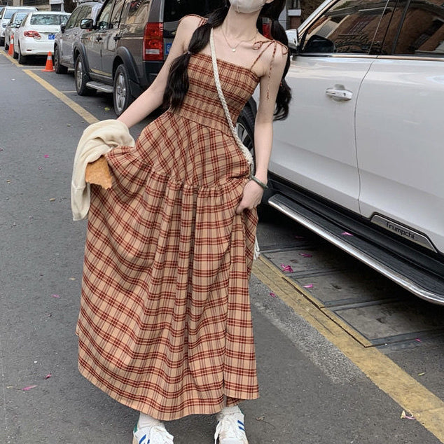 Plaid Millennium Bug Long Daily Chic Sundress Beach Body Slim Pullover Design Fashion Summer Dress Women 2023 Korean Style