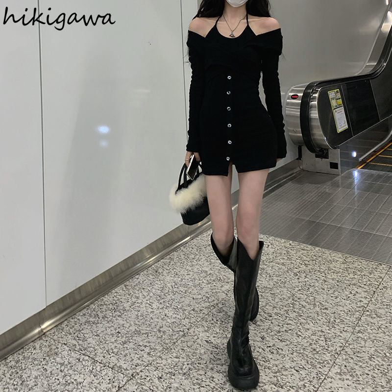 sexy woman dress chic fake two black robe 2023 vestidos slim waist bodycon mini dresses y2k clothes