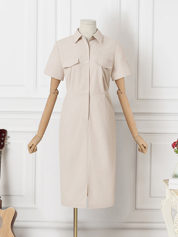 VONDA Elegant Solid Color Summer Sundress Fashion Women Lapel Buttons Casual Midi Dress Short Sleeve Party Vestidos Robe