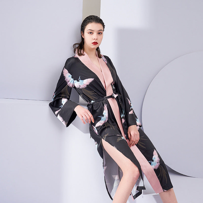 Spring and autumn new antique Hanfu pajamas ladies mid-length re-crane nightgown ice silk home service