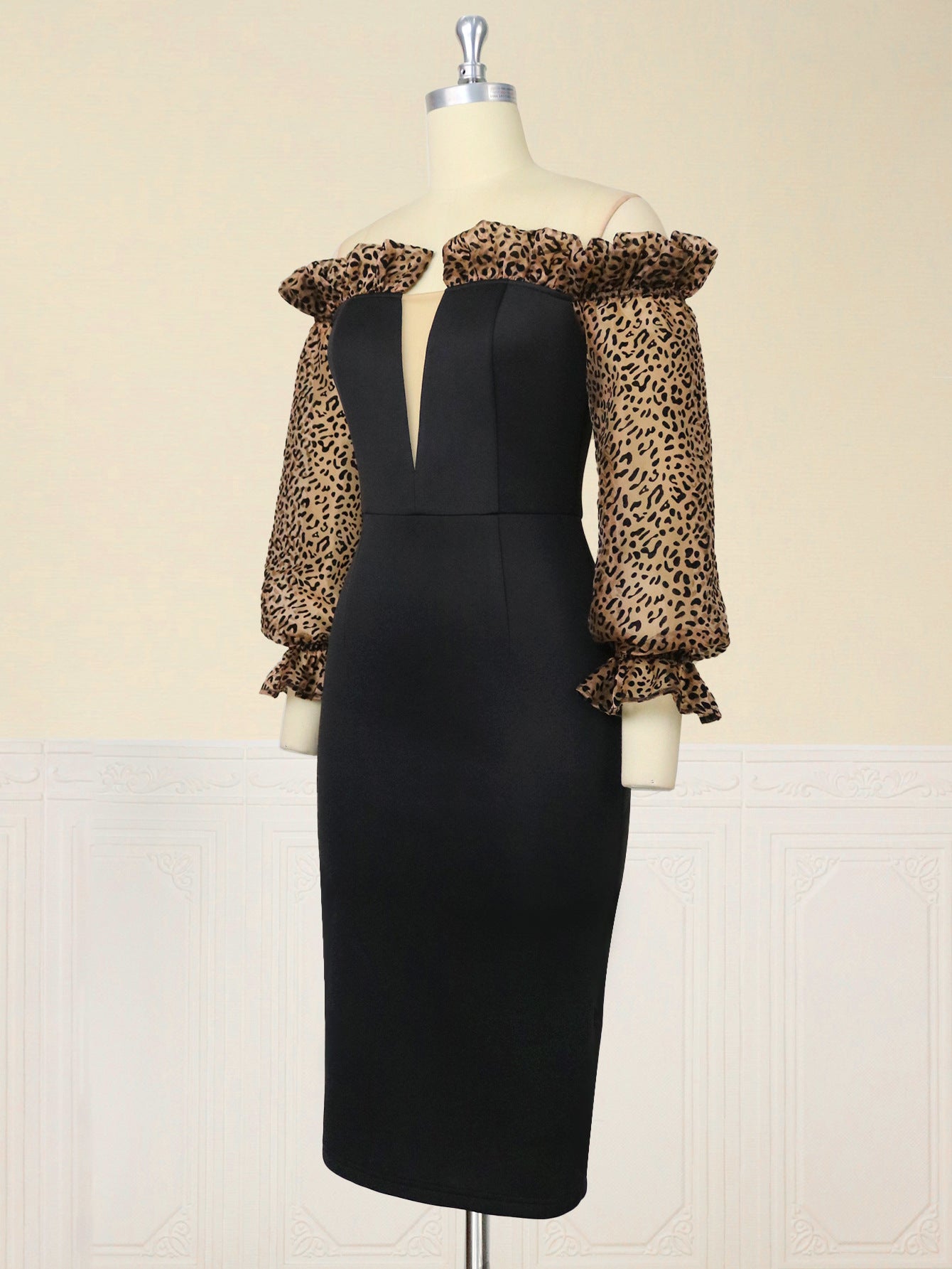 Sexy Off Shoulder Black Dress Deep V Neck Leopard Print Tulle Sleeve Midi Bodycon Robe Elegant Cocktail Evening Party Spring New