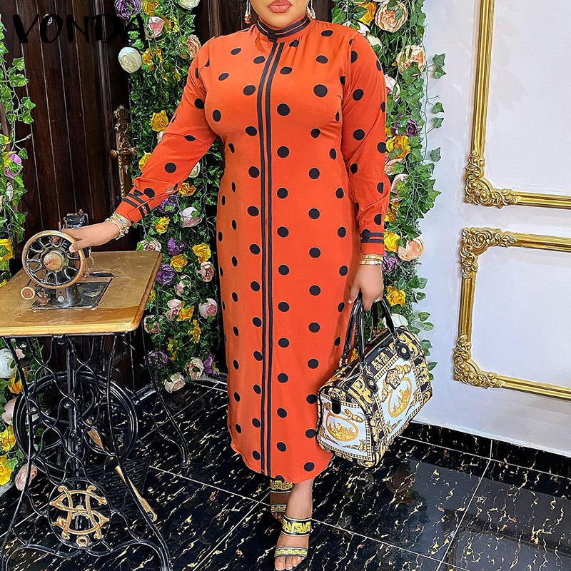 فساتين VONDA Women Boho Vintage Wave Point المطبوعة بطول الكاحل Sping الخريف غير رسمية فضفاضة وياقة واقفة وأكمام طويلة