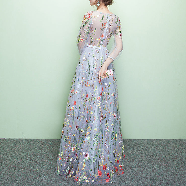 Ladies Long Round Neck Embroidered Flowers Banquet Evening Dress Fashion Party Dress Long Sleeve Dress