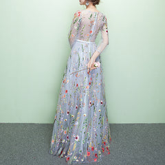 Ladies Long Round Neck Embroidered Flowers Banquet Evening Dress Fashion Party Dress Long Sleeve Dress