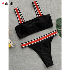New Striped Bikinis Swimsuits Women Sports  Set 2021 Swimwear Summer Bandage Swimming Beachwear Female Beach Bathing Suits