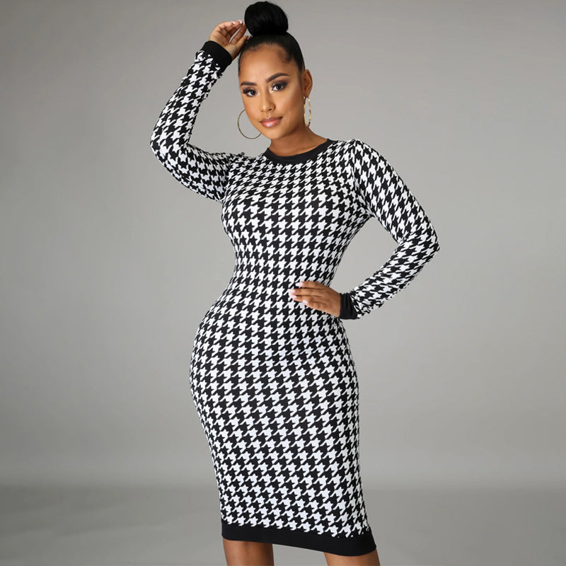Female Houndstooth Print Women Long Sleeve Midi Dress Hollow Out Bodycon Sexy Streetwear 2022 Spring Autumn Club Elegant Slim