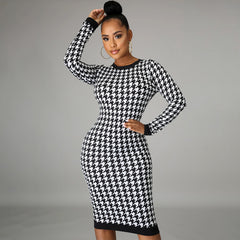 Female Houndstooth Print Women Long Sleeve Midi Dress Hollow Out Bodycon Sexy Streetwear 2022 Spring Autumn Club Elegant Slim