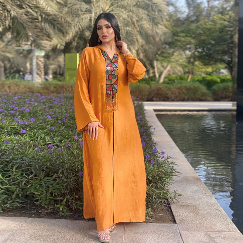 Ethnic Beaded Tassel Hooded Abaya Dress Fashion Muslim Women Clothing Moroccan Caftan Arabic Robe Orange