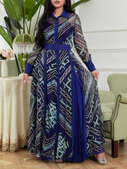 Blue Elegant Paneled Belted Chiffon Dress