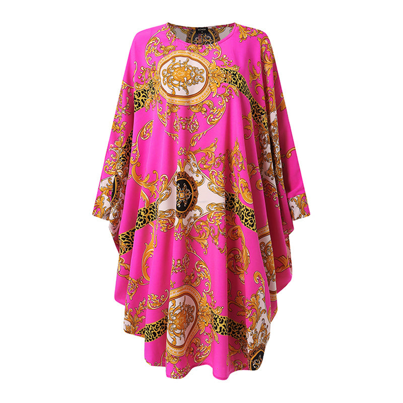 VONDA women's European and American black large size hit color retro pattern printed dress elegant temperament mature round neck long sleeve bat sleeve  A-line skirt large  skirt daily spring and autumn fashion all-match knee-length skirt short skirt