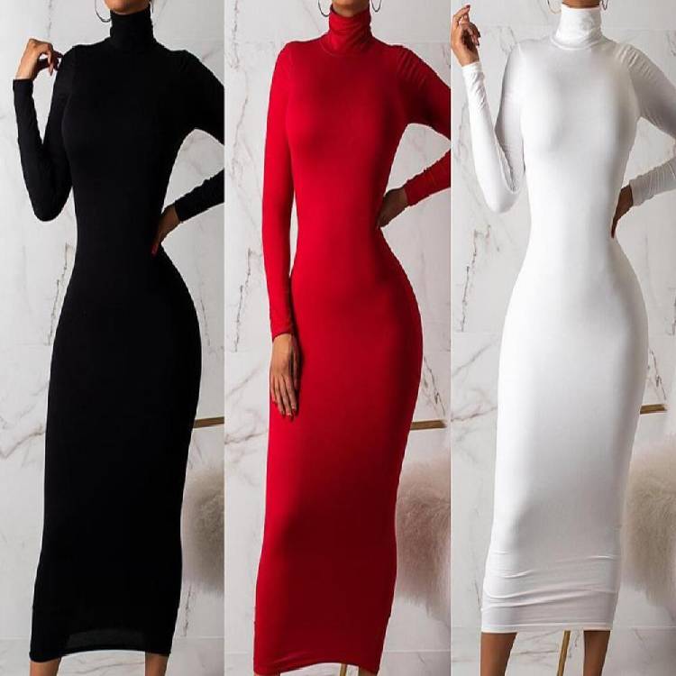Bodycon Long Dress Women Long Sleeve Turtleneck Autumn Winter Dress 2019 Red Black White Club Party Midi Dress