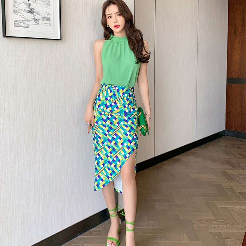 Vintage Sexy Halter Sleeveless Tops Women OL Elegant Bodycon Print Asymmetrical Midi Skirt Casual Loose Shirt Blouse 2-Piece Set