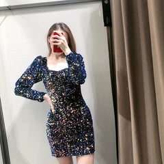 Women Fashion Sequins Mini Party Dress Square Collar Velvet Lady Dresses Sexy Bodycon Long Sleeve Sundress Vestido De Festa