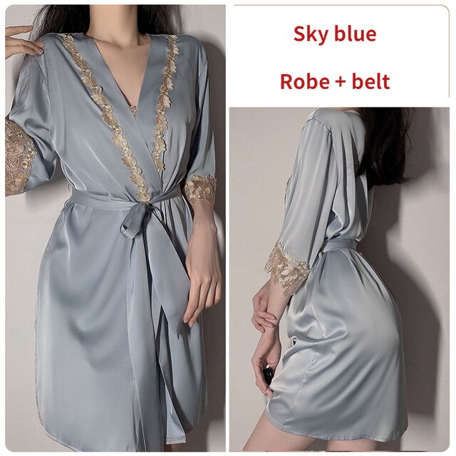 New Women`s Lingerie Sexy Satin Lace Nightgown Thong Robe Suit Female Thin Deep V Strap Nightdress Bathrobe Sets Sleepwear