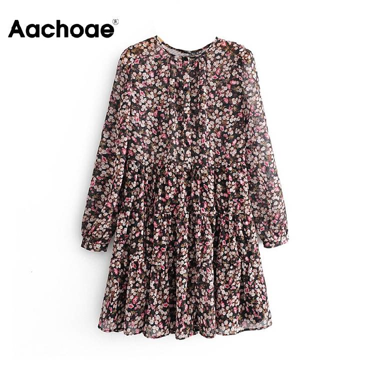 Aachoae Boho Style Floral Print Pleated Dress Long Sleeve Women Mini Dress O Neck Loose Ladies Dresses Beach Sundress Ropa Mujer