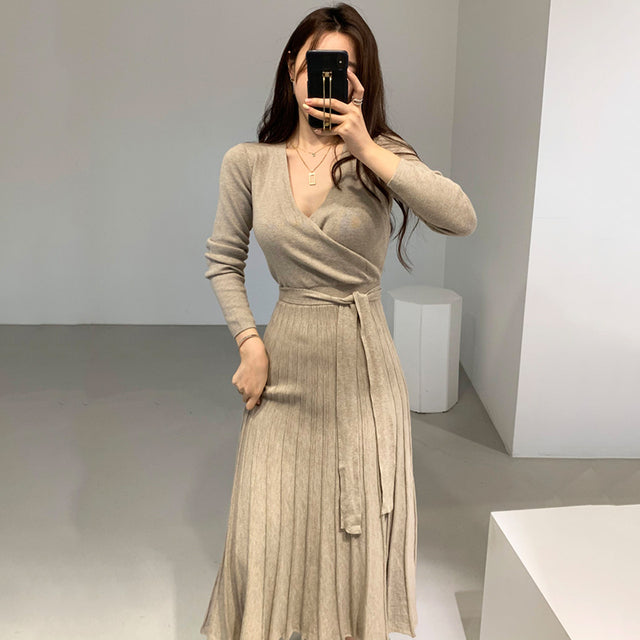 Stretchy Women Knitted Bodycon Pencil Dress New 2022 Autumn Winter Solid Vestidos Long Sleeve V Neck Slim Lady Chic Korean Dress