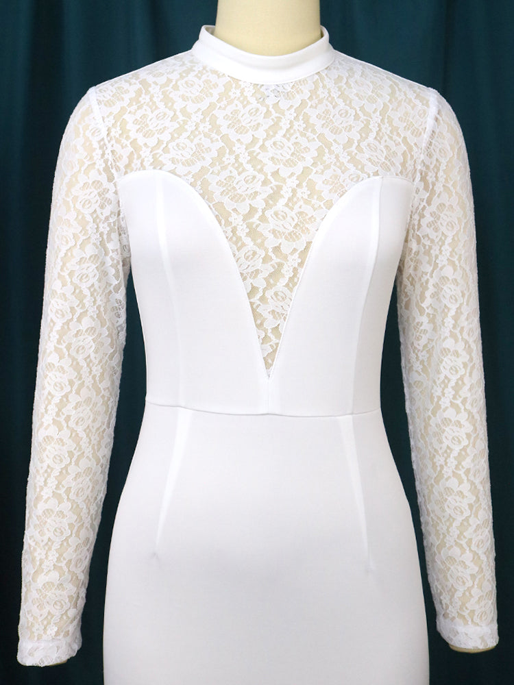 AOMEI White Bodycon Lace Dress Women High Neck See Through Deep V Long Sleeve Elegant Midi Robes Party Evening Wedding Event New