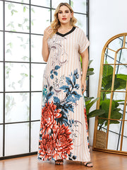 V-neck paneled  -fit printed maxi dress