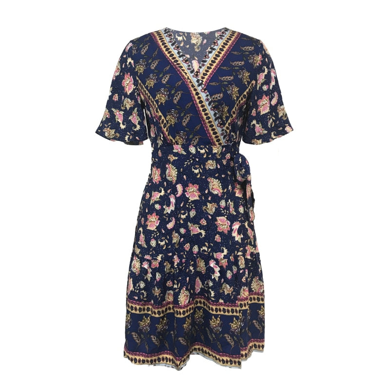 فستان صيفي بوهو قصير مطبوع عليه زهور للنساء بياقة على شكل V مع حزام فساتين نسائية قصيرة الأكمام للشاطئ فستان الشمس فيستدو 